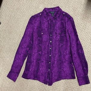 White House Black Market long sleeve purple reptile print silk blouse size 4